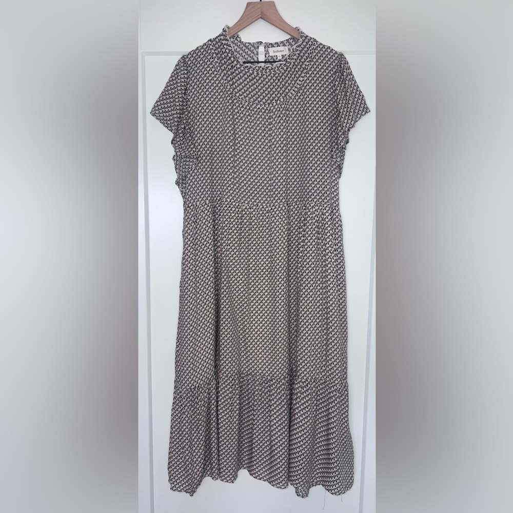 BOHME tiered high neck rayon midi dress in white brown & black print, size XL - Picture 2 of 9